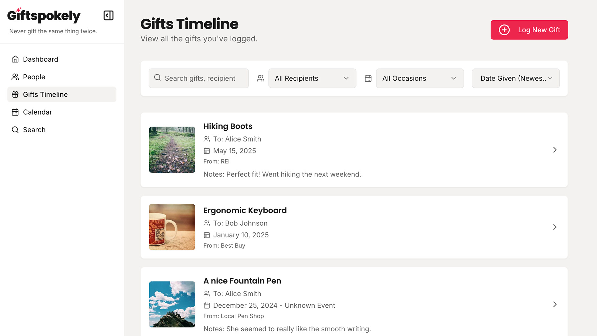 Giftspokely™ - Gifts TImeline